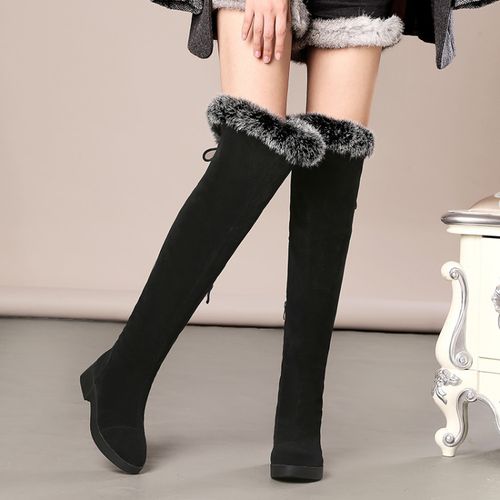 Women Rabbit Fur Low Heels Knee High Boots