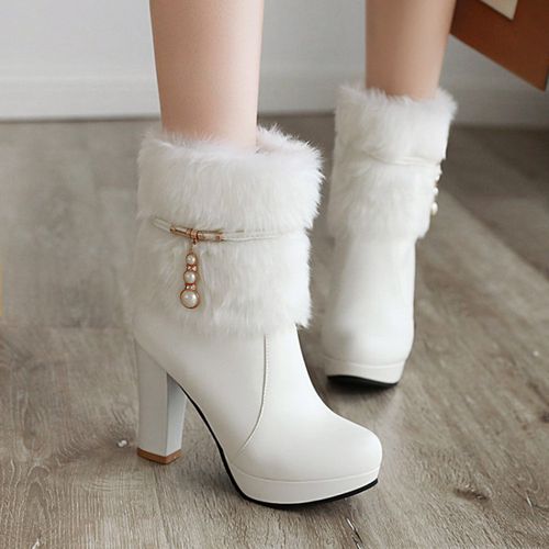 Woman Pearl Furry High Heels Platform Short Boots