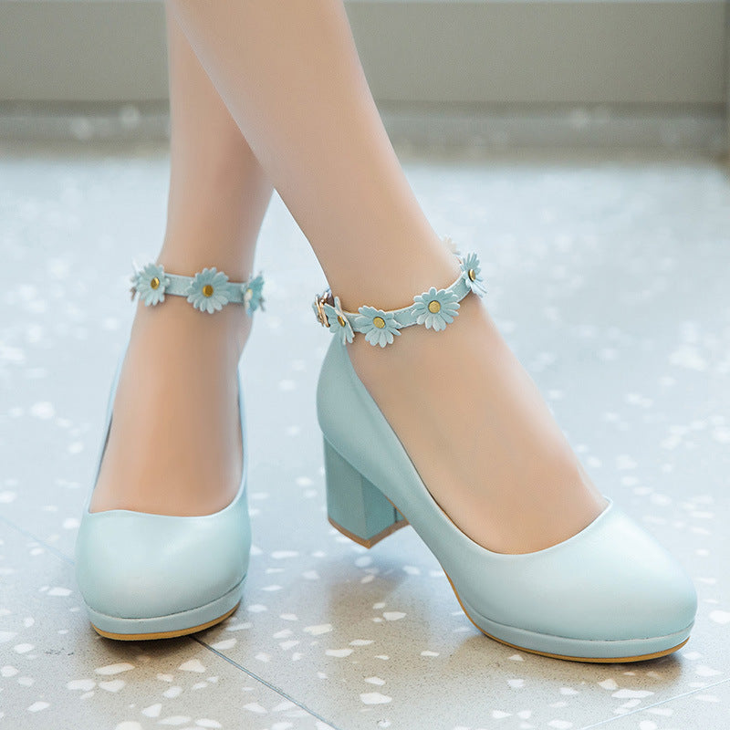 Lady Sweet Flower Ankle Strap Woman's Pumps Middle Heels Shoes