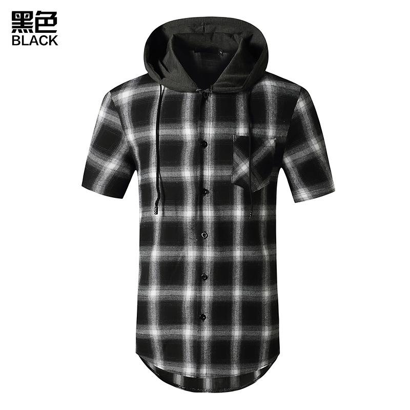 Men's Short Sleeves Hoodie Grid Flannel Shirts