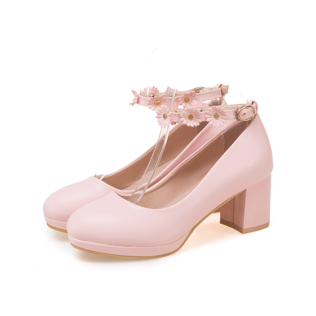 Lady Sweet Flower Ankle Strap Woman's Pumps Middle Heels Shoes