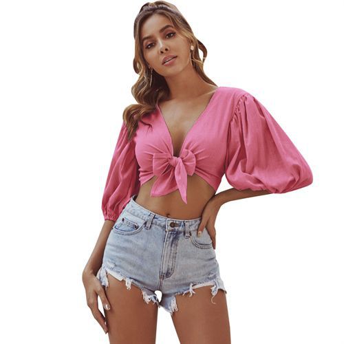 Retro Fashion Sexy All-matched V-neck Short Butterfly Knot Tops Women Blouses