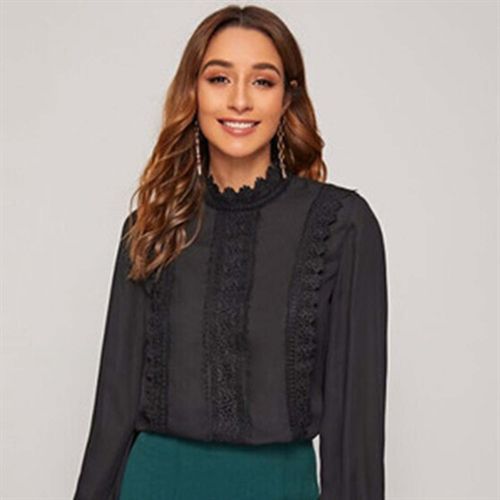 Split Joint Lace Long Sleeves Stand-up Collar Chiffon Shirt Tops Women Blouses