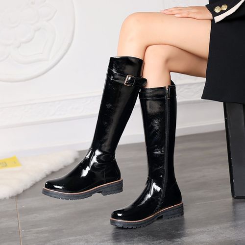 Women Patent Leather Buckle Low Heels Knee High Boots