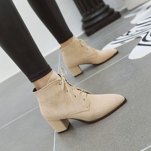 Women Pointed Toe Lace Up High Heels Short Boots