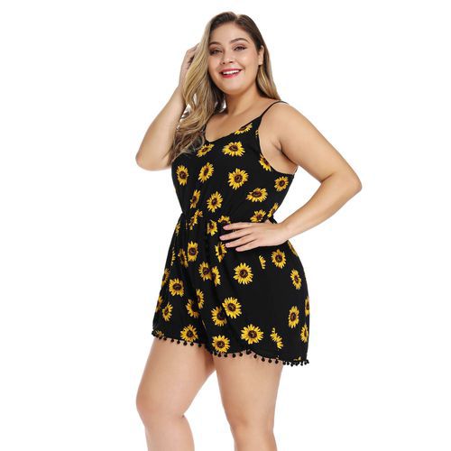Plus Size Fashion Sexy Shoulder Lace-up Printed Irregularity Jumpsuits Shorts