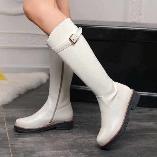Women Patent Leather Buckle Low Heels Knee High Boots