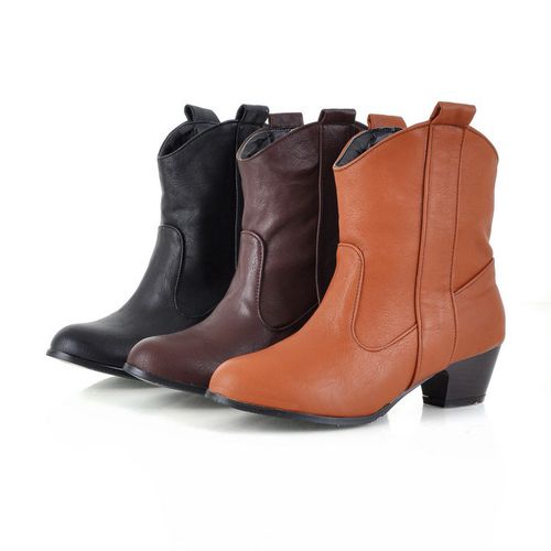 Women Soft Leather Chunky Heels Short Boots